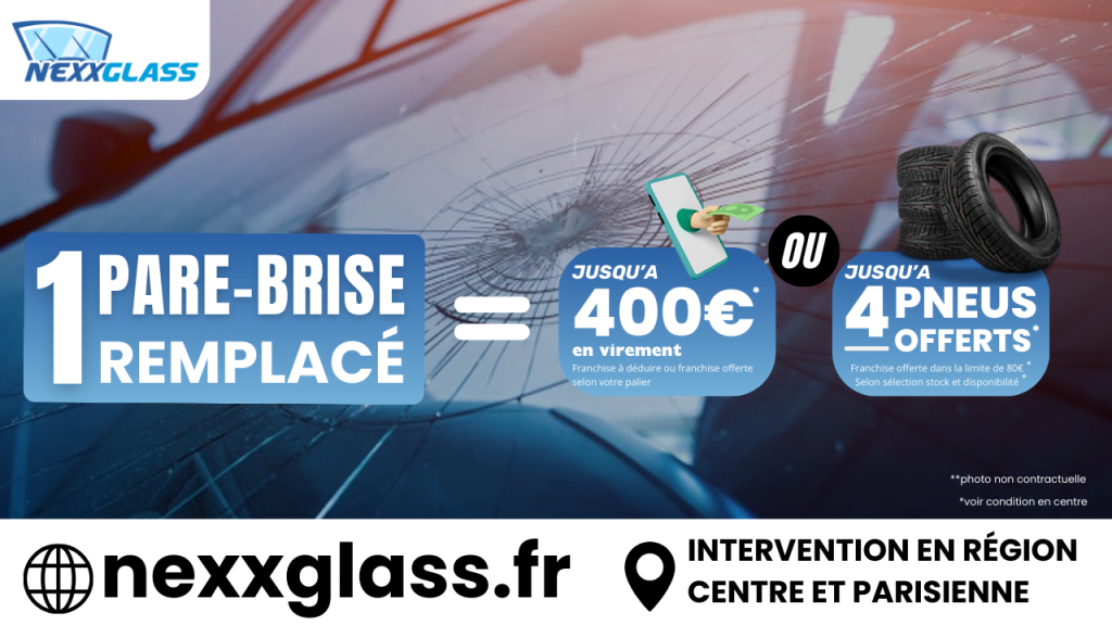 Offre Nexx Glass sur un fond qui représente un pare-brise cassé